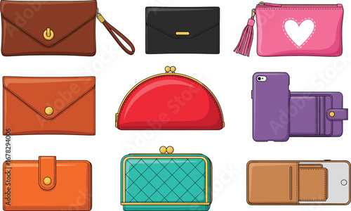 Fashion wallets and purses vector set with clutches, coin pouches, card holders, wristlets and modern women accessories