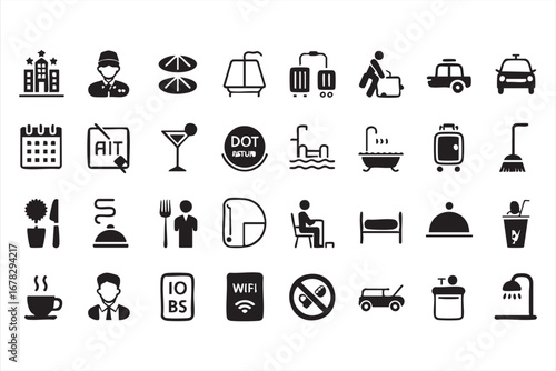 Travel and tourism vector icons with hotel building taxi and food service