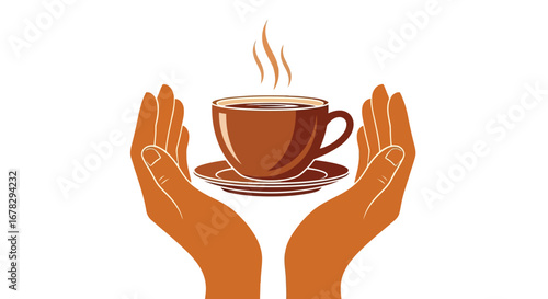 Hands holding a cup of hot coffee with steam