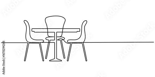 Garden chairs and table in continuous line art drawing style. Simple continuous line art. Classic style dining room furniture black linear sketch isolated on white background. Vector illustration
