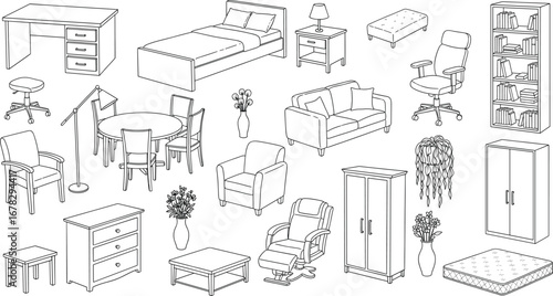 Home furniture vector set with bed, chairs, sofa, tables, wardrobe, bookshelves, lamps, plants, office chair and mattress