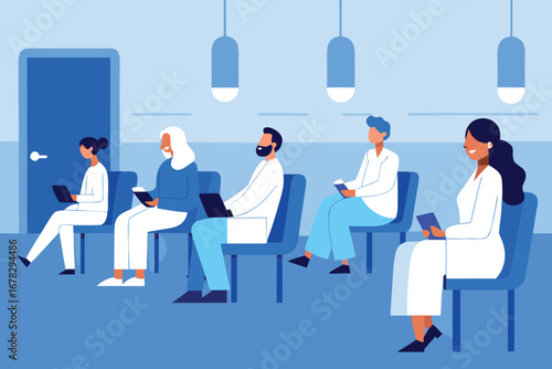 Vector art of doctor and patient during blood donation process, vector illustration