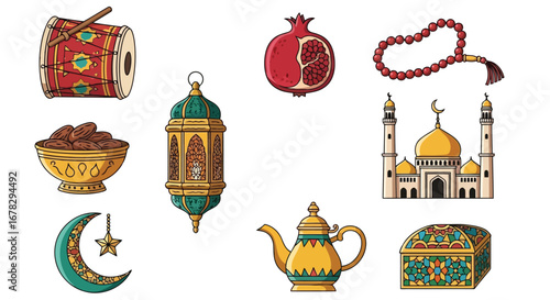 Collection of islamic cultural items including a mosque, lantern, dates, and prayer beads