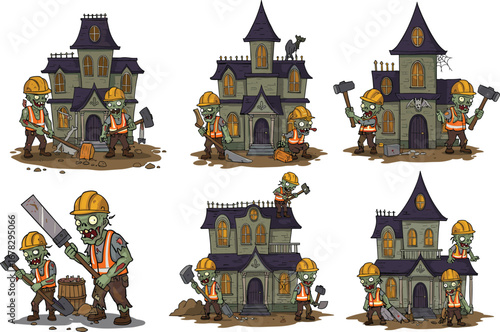 Cartoon zombie construction workers rebuilding haunted houses, spooky Halloween renovation scene, creepy undead builders repairing scary mansion, funny horror concept