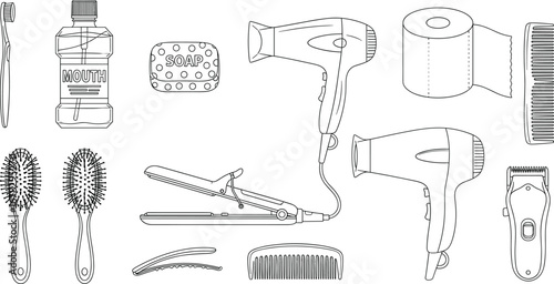 Personal hygiene and grooming vector set with toothbrush soap mouthwash hair dryer comb brush and toilet paper