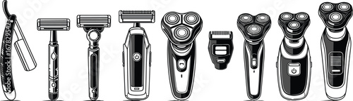Shaving tools vector set with straight razor safety razor trimmer electric shaver grooming and beard care equipment