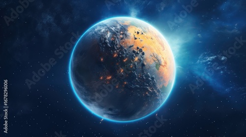 dynamic planetary landscape, detailed global atmosphere, vibrant celestial orb, cinematic lighting, dramatic cosmic setting, stunning space scene, digital art, highly detailed, intricate texture, real