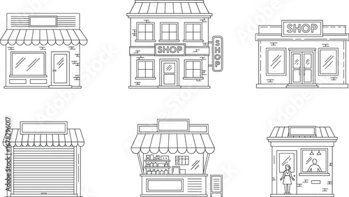 Storefront icons set, black and white vector with shop facades, awnings, signage, retail buildings, small business, market illustration