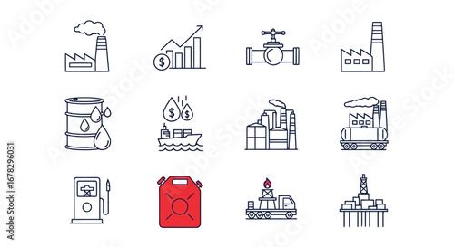 Set of icons representing the oil and gas industry