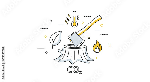 Environmental concept illustration showing deforestation and climate change