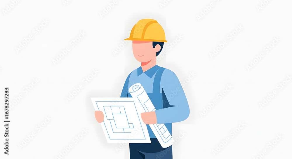 Engineer with blueprint and helmet, professional in construction work and architecture plans illustration Engineer with blueprint and helmet, professional in construction work and architecture plans illustration