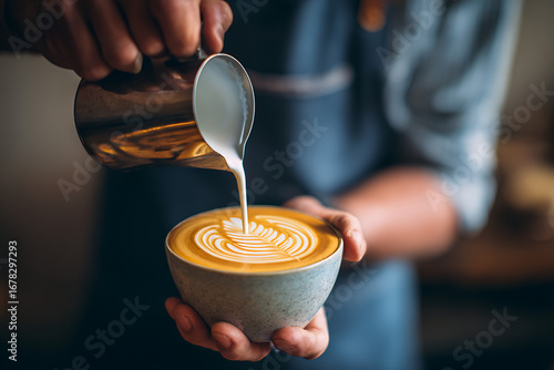 Freshly made coffee adorned with beautiful milk patterns.
