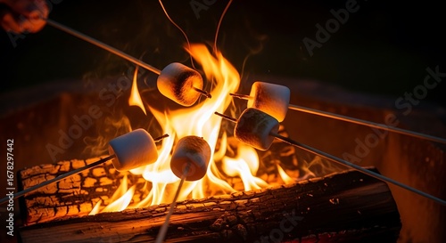 Campfire smores marshmallows roasting over glowing flames for delicious outdoor dessert experience