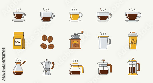 Collection of coffeerelated icons including cups, beans, grinders, and brewing equipment