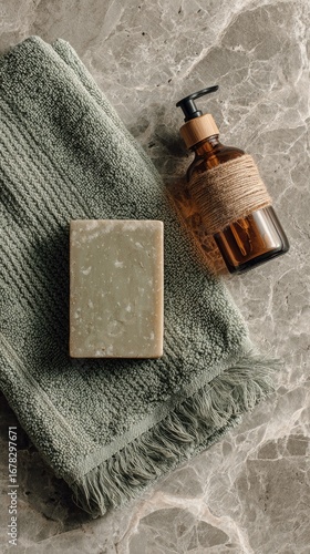 Sage green towel, soap bar, and bottle