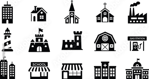 Black building icons set including house, church, factory, lighthouse, castle, barn, gas station, school, hospital, store, office, urban architecture silhouette collection