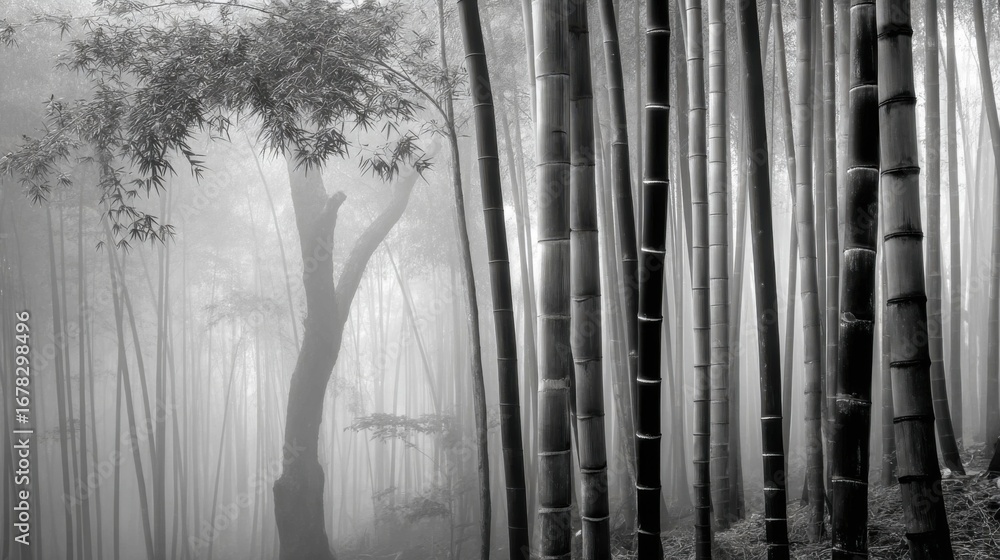 Obraz premium Mysterious black and white bamboo forest enveloped in thick fog,