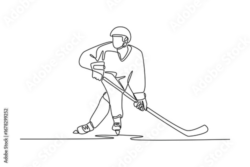 Continuous one line drawing male ice hockey player in dynamic skating motion, stickhandling puck, symbolize athletic skill, speed, energetic action. Single line draw design vector graphic illustration
