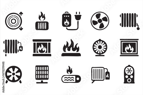 Household temperature icons set with gas heater radiator and fan illustrations
