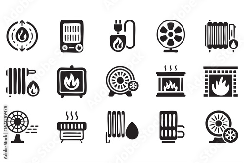 Home climate control icon pack with heating cooling and energy devices