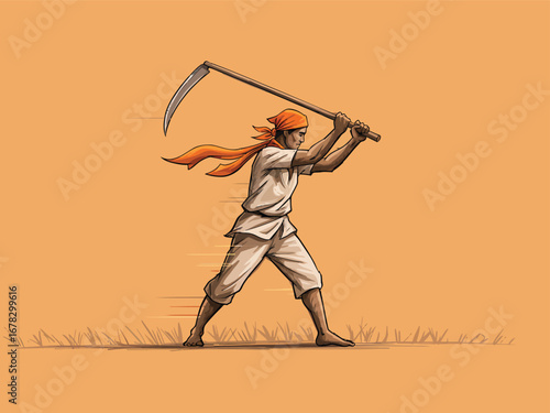 Dedicated farmer showing determination and hard work while harvesting with a sickle, embodying agricultural resilience