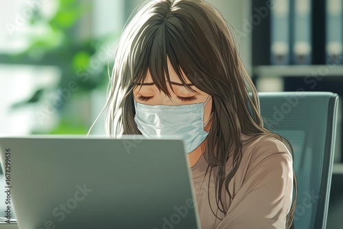 Businesswoman feeling sick while working at her laptop in the office, showing signs of discomfort as she tries to continue working, Generative AI