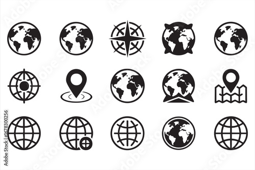 Travel and geography vector icons with globe compass and directional signs