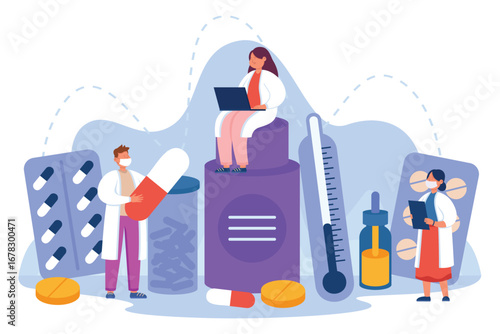 Tiny pharmacist with pills and vitamins flat vector illustration