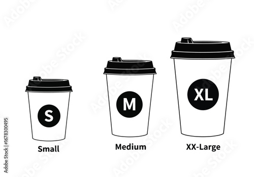 Three disposable coffee cups of different sizes small, medium, and extralarge