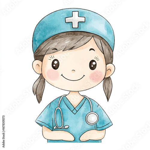 Watercolor Illustration of a Cheerful Child Doctor