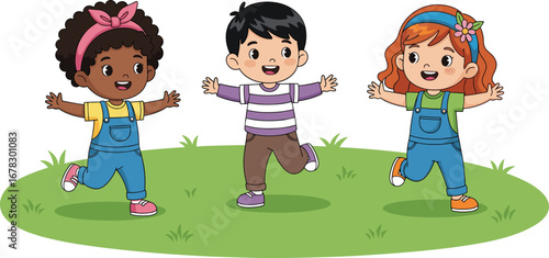 Three happy children playing outdoors, diverse kids running with open arms, smiling friends in park, cartoon style illustration of childhood fun