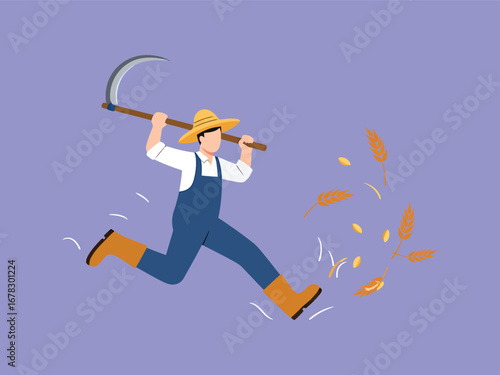 Farmer showing determination and hard work while harvesting with a sickle
