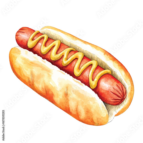 Watercolor Illustration of a Classic Hot Dog with Mustard on a Bun