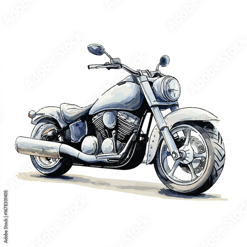 Watercolor Illustration of a Classic Motorcycle with Detailed Engine and Chrome Exhaust (1)