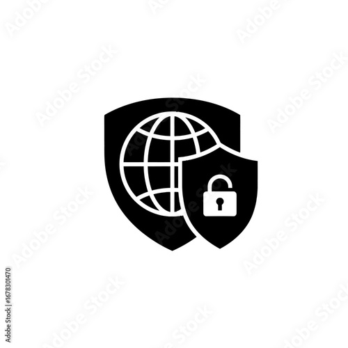 Secure global network with shield and padlock, representing data protection, cybersecurity, and online safety for businesses, ensuring privacy, and secure access worldwide