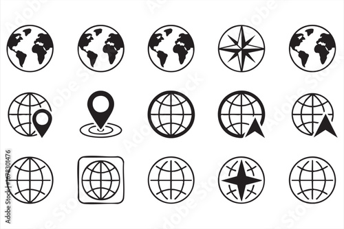 Internet and global communication icons set with world and navigation symbols