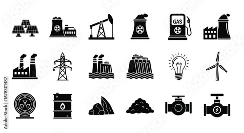 Collection of black icons representing various energy sources and power generation methods