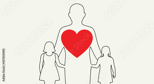 Father and two daughters holding hands with a red heart on his chest