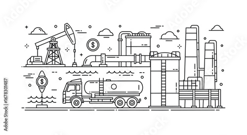 Oil industry infrastructure with pumpjack, truck, and refinery