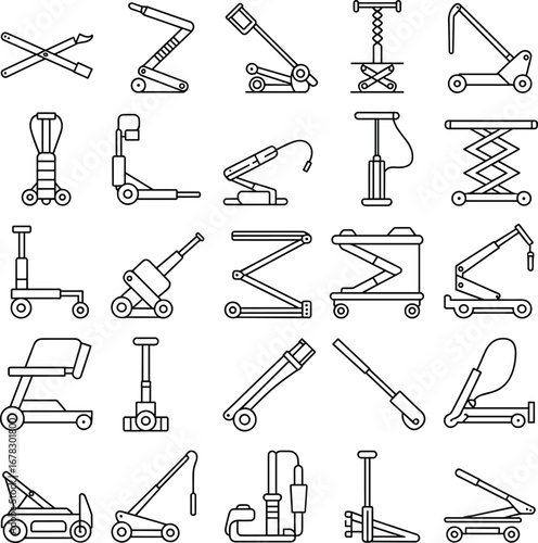 Car jack line icon set, lifting equipment vector, hydraulic and mechanical jacks, automotive repair tool illustration, garage service symbol