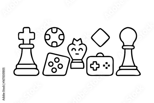 Vector art of chess pieces, ball, dice and game controller