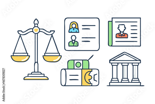 Vector art of colorful law and justice icons featuring scales, identification, bank