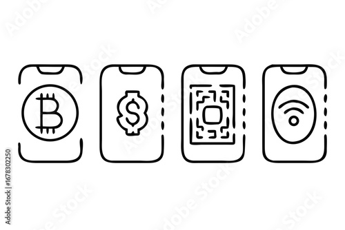 Vector art of mobile payment methods with bitcoin, dollar, qr code and wifi