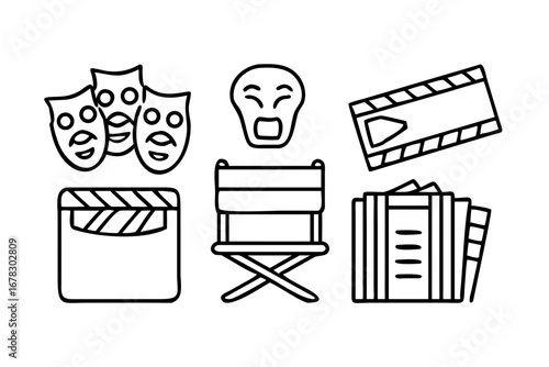 Vector art of outline style illustration of theatre and movie making icons