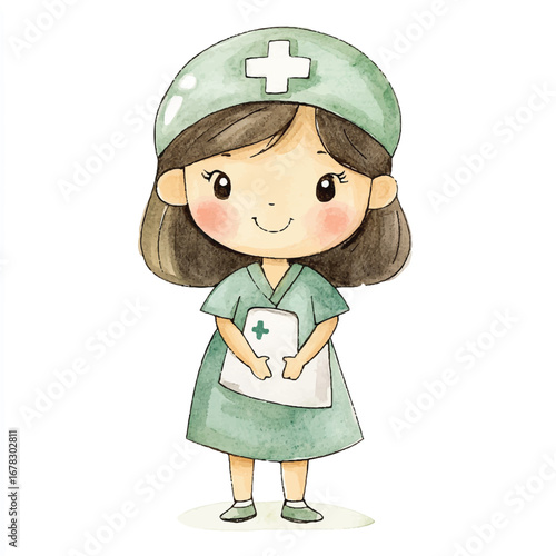 Watercolor Illustration of a Cute Little Nurse Character