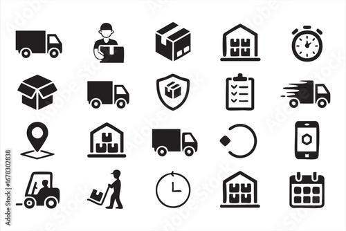 Warehouse and distribution icon pack with forklift packages and goods design