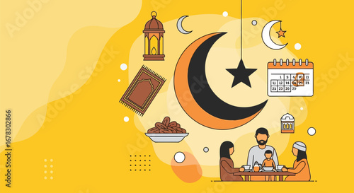 Ramadan celebration with family, food, and islamic symbols