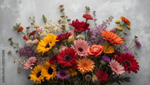 Bouquet of colorful flowers and tulips on a wooden table in a bright floral setting