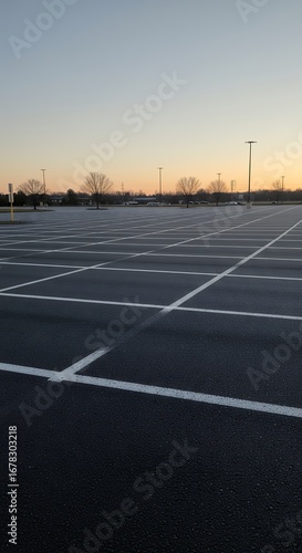 Empty parking lot with white lines under a clear sky at dusk.