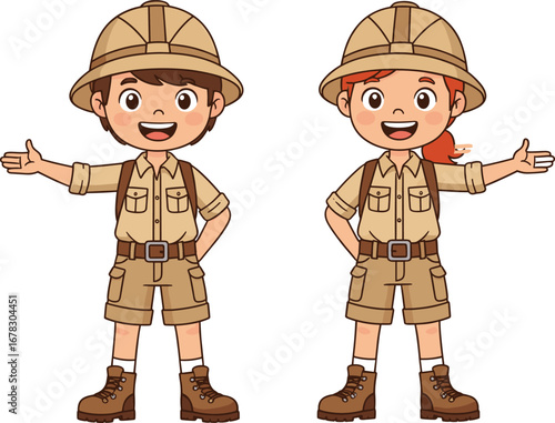 Cartoon boy and girl explorers in safari outfits, cute children adventurers wearing hats and boots, jungle adventure kids illustration